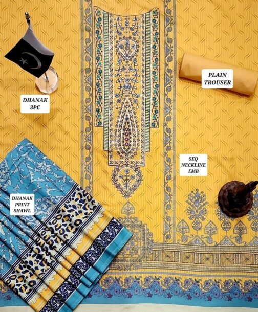 3 Pcs Unstitched Dhanak Printed Embroidered Suit – Elegant Pakistani Fashion - Image 3