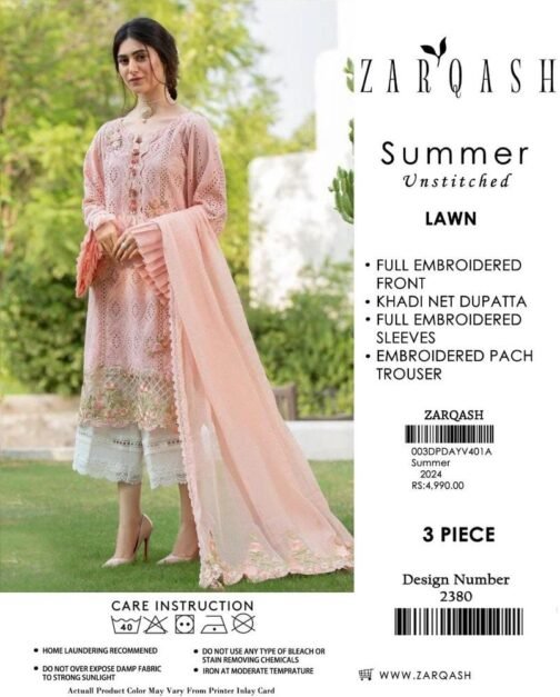 Zarqash 3 Pcs Women's Unstitched Lawn Chikankari Embroidered Suit