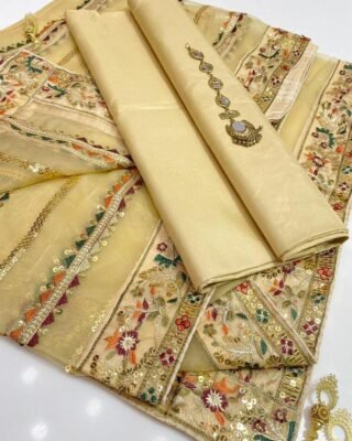 3 Pcs Women's Unstitched Katan Silk Fancy Dress