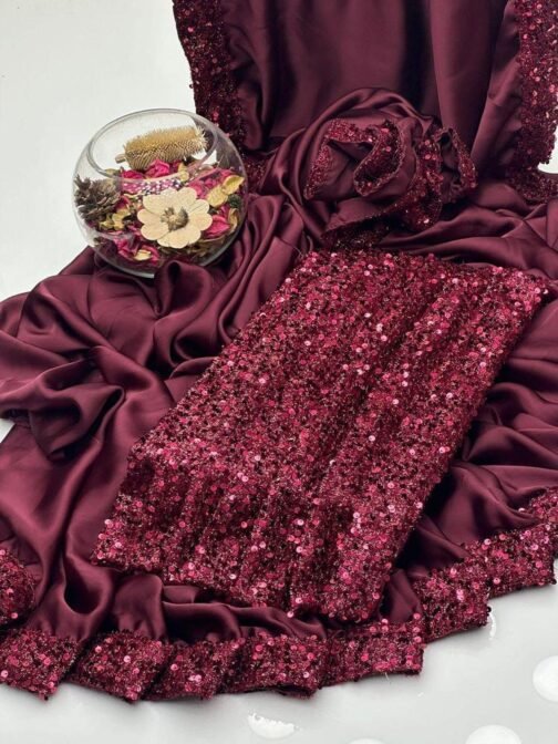 2 Pcs Women’s Shamoz Silk Sequins Unstitched Saree - Image 6
