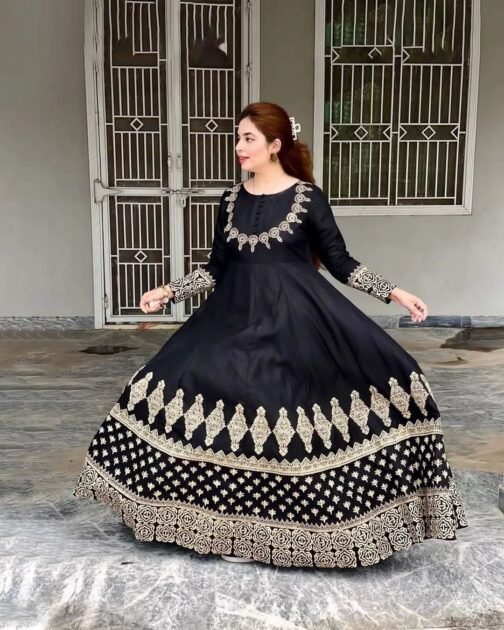 3 Pcs Silk Printed Fancy Maxi Frock - Image 10