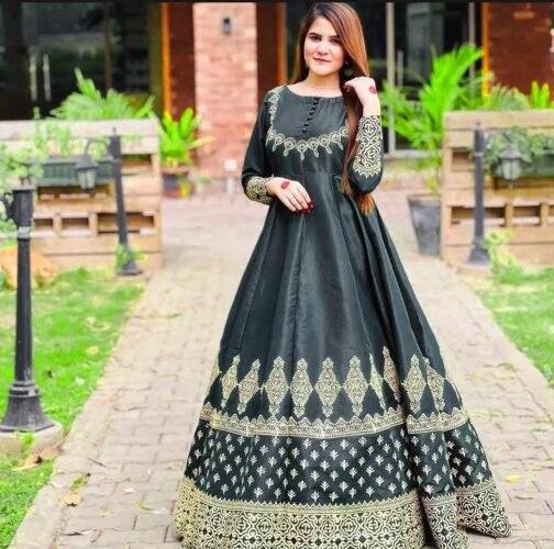 3 Pcs Silk Printed Fancy Maxi Frock - Image 9