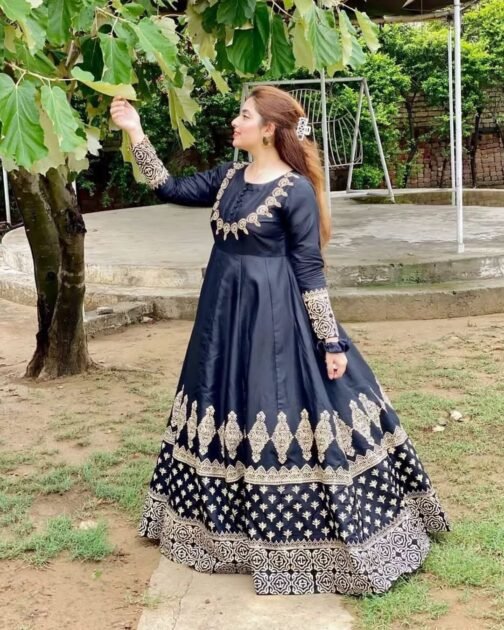 3 Pcs Silk Printed Fancy Maxi Frock - Image 7