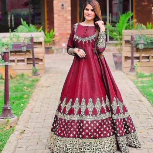3 Pcs Silk Printed Fancy Maxi Frock - Image 3