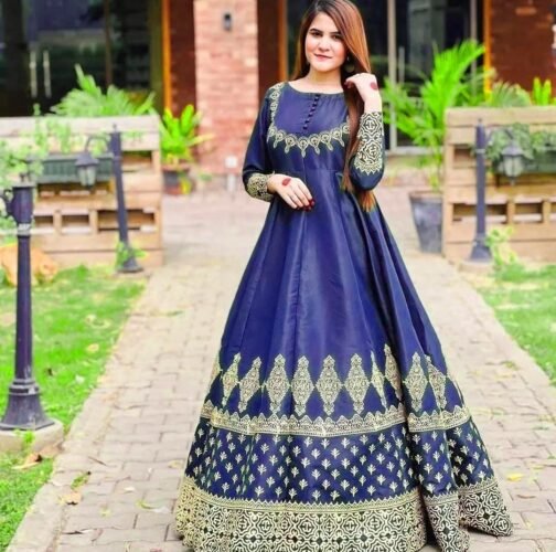 3 Pcs Silk Printed Fancy Maxi Frock - Image 2