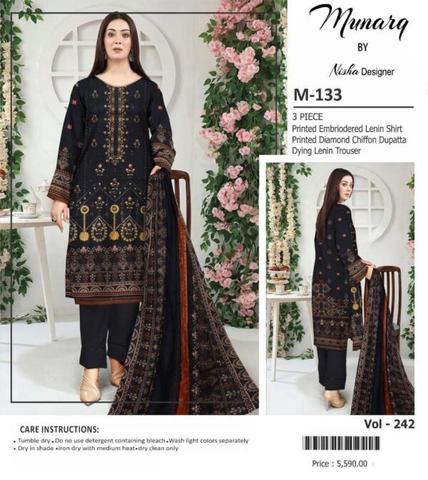 Munarq 3 Pcs Women's Unstitched Linen Printed Suit By Nisha Designer