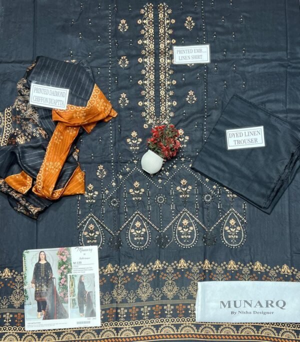 Munarq 3 Pcs Women's Unstitched Linen Printed Suit By Nisha Designer - Image 2