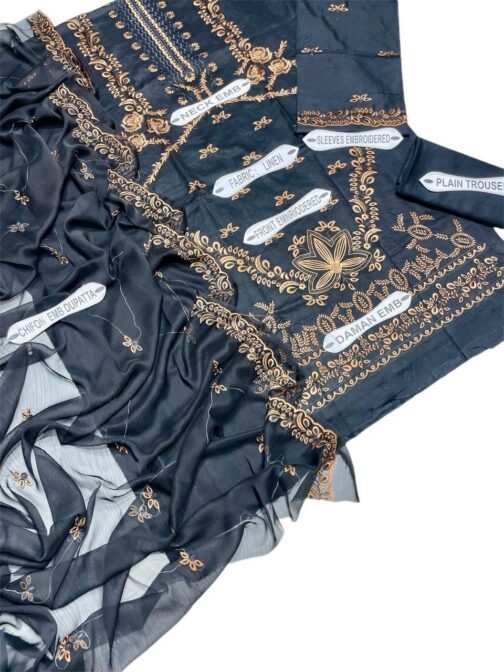 3 Pcs Women’s Unstitched Linen Embroidered Suit – Stylish Winter Collection - Image 3