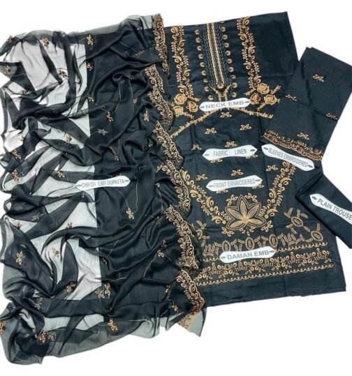 3 Pcs Women’s Unstitched Linen Embroidered Suit – Stylish Winter Collection - Image 2