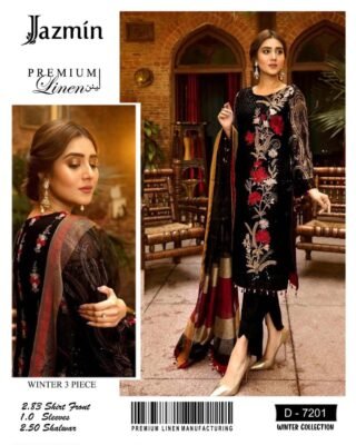 Jazmin 3 Pcs Women's Unstitched Linen Embroidered Suit