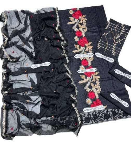 Jazmin 3 Pcs Women's Unstitched Linen Embroidered Suit - Image 2