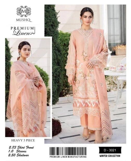 Mushq 3 Pcs Women's Unstitched Linen Embroidered Suit