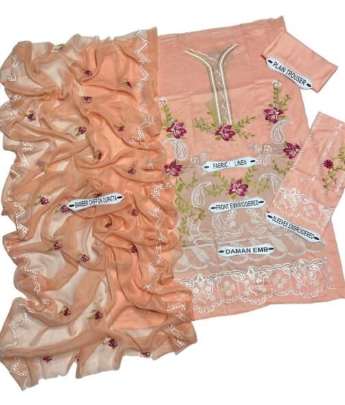 Mushq 3 Pcs Women's Unstitched Linen Embroidered Suit - Image 2