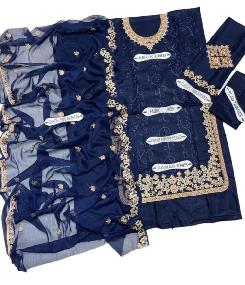 3 Pcs Women's Unstitched Linen Embroidered Suit - Elegant and Stylish - Image 2