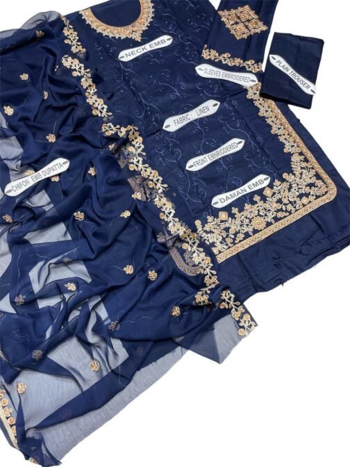 3 Pcs Women's Unstitched Linen Embroidered Suit - Elegant and Stylish - Image 3