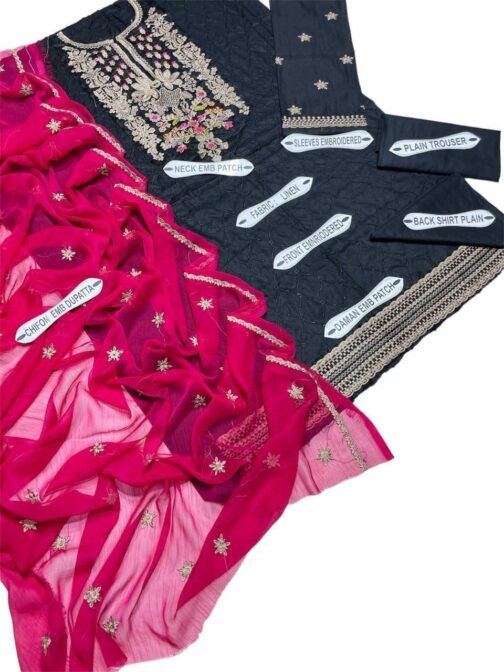 Asim Jofa 3 Pcs Women's Unstitched Linen Embroidered Suit - Elegant Pakistani Design - Image 3