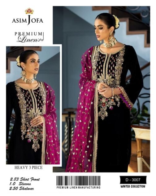 Asim Jofa 3 Pcs Women's Unstitched Linen Embroidered Suit - Elegant Pakistani Design