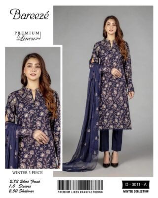 Bareeze 3 Pcs Women's Unstitched Linen Embroidered Suit