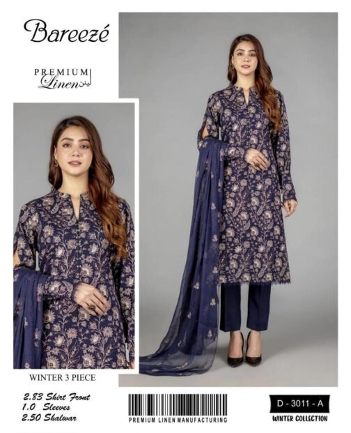 Bareeze 3 Pcs Women's Unstitched Linen Embroidered Suit