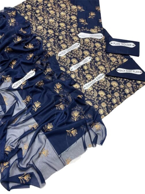 Bareeze 3 Pcs Women's Unstitched Linen Embroidered Suit - Image 3