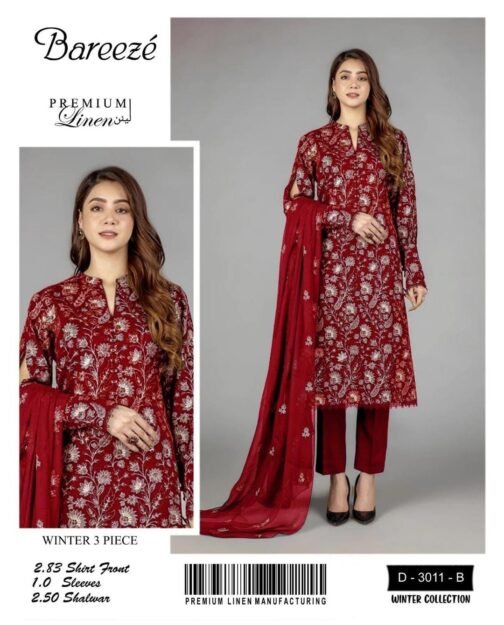 Bareeze 3 Pcs Women's Unstitched Linen Embroidered Suit