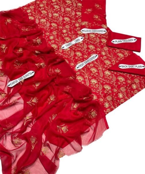Bareeze 3 Pcs Women's Unstitched Linen Embroidered Suit - Image 2