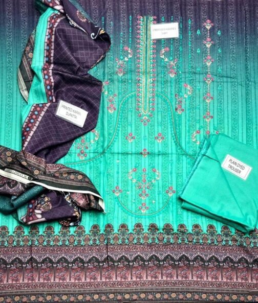 3 Pcs Women's Unstitched Karandi Printed Suit - Image 3
