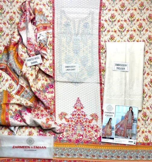 3 Pcs Women's Unstitched Linen Printed Suit - Image 2