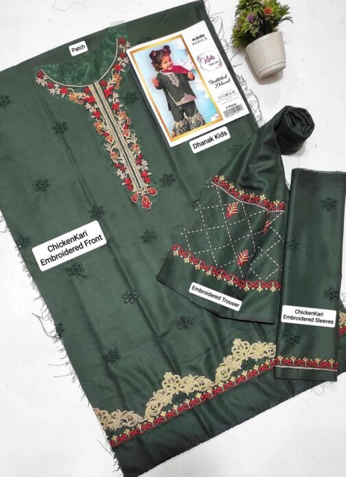 2 Pcs Girl's Dhanak Embroidered Unstitched Suit - Kids Wear - Image 2
