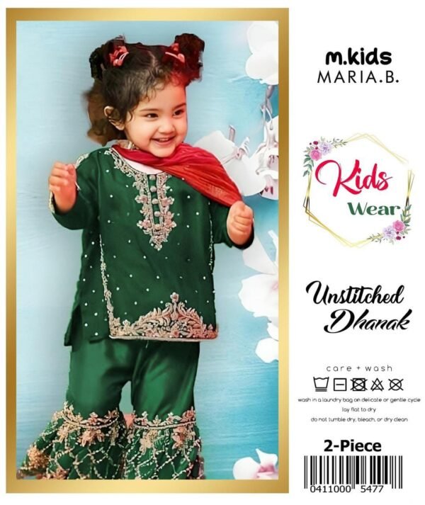 2 Pcs Girl's Dhanak Embroidered Unstitched Suit - Kids Wear