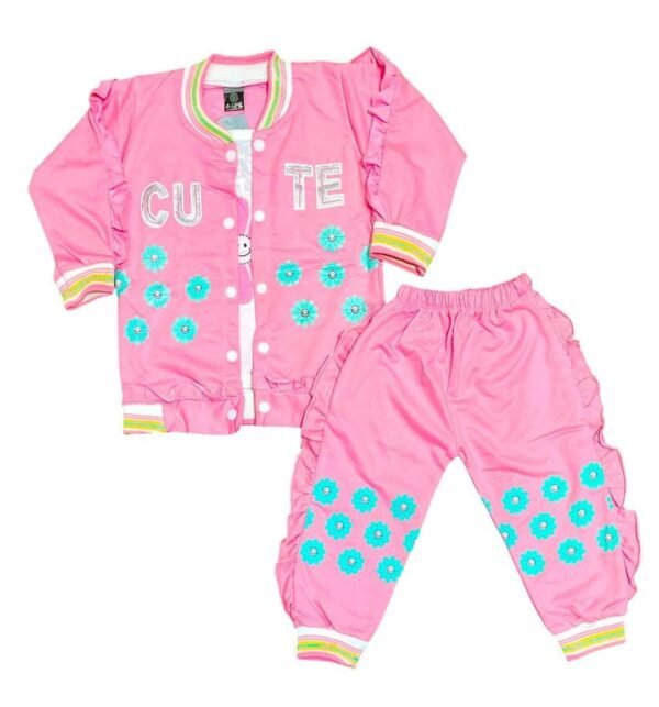 Girl's Printed French Terry Suit - 3 Pcs Shirt, Jacket, & Trouser Set - Image 2