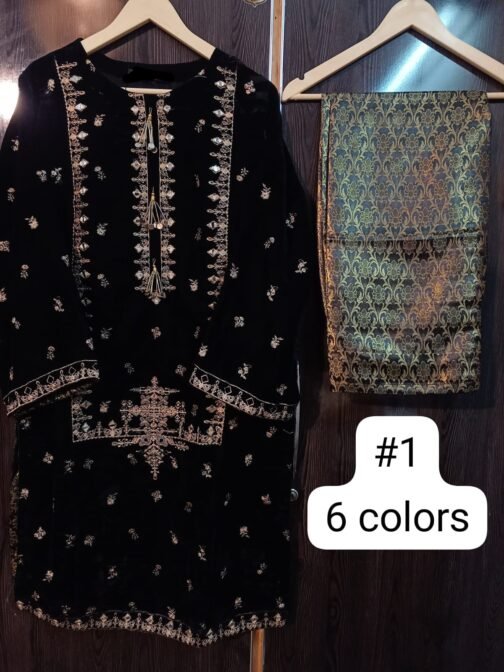 Velvet Micro 9000 Heavy Tilla Embroidered Shirt with Jamawar Trouser - Luxury Party Wear for Women