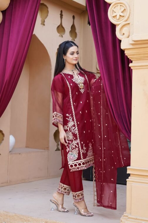 3PC Organza Boring Embroidery Suit | Ramzan Sale | Eid Collection - Image 2