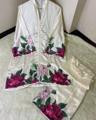 2 Pcs Stitched Co-Ord Set in Printed Shamoz Silk – Elegant Silk Outfit