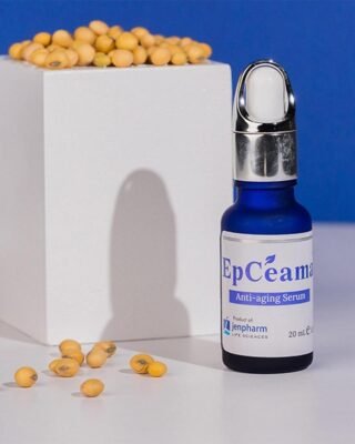Bottle of Jenpharm Epceama Anti Aging Serum on a soft skincare backdrop