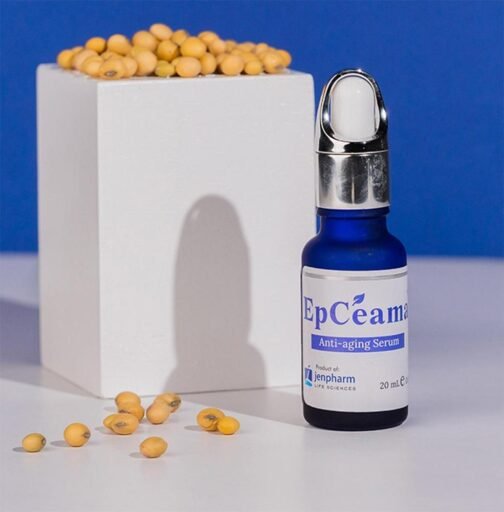 Bottle of Jenpharm Epceama Anti Aging Serum on a soft skincare backdrop