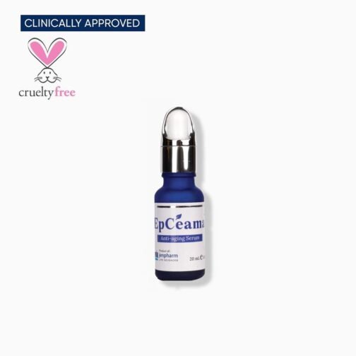 Bottle of Jenpharm Epceama Anti Aging Serum on a soft skincare backdrop