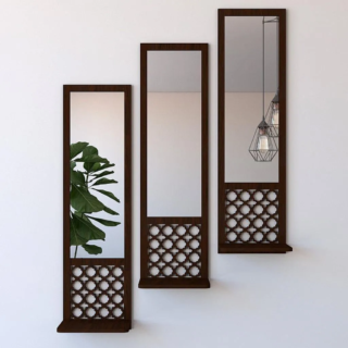 Acrylic mirror wooden wall shelf set in black modern design for bedroom wall décor