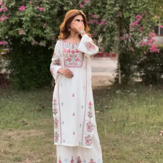 White Dove EMB 2PC Premium Winter Stone Linen Suit embroidered long shirt and plazo set for women