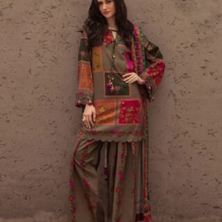 Arzo 3PC Premium Crepe Silk Suit with digital printed shirt, plazo, and monar dupatta for women Pakistan