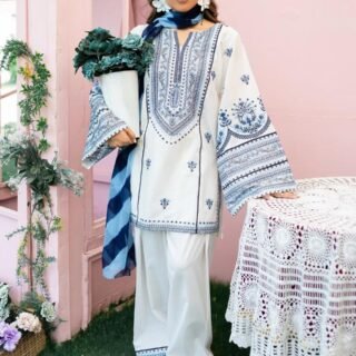 Nazar 3PC Luxury Premium Stone Linen Dress with fully embroidered shirt, plazo, and monaar dupatta for women Pakistan