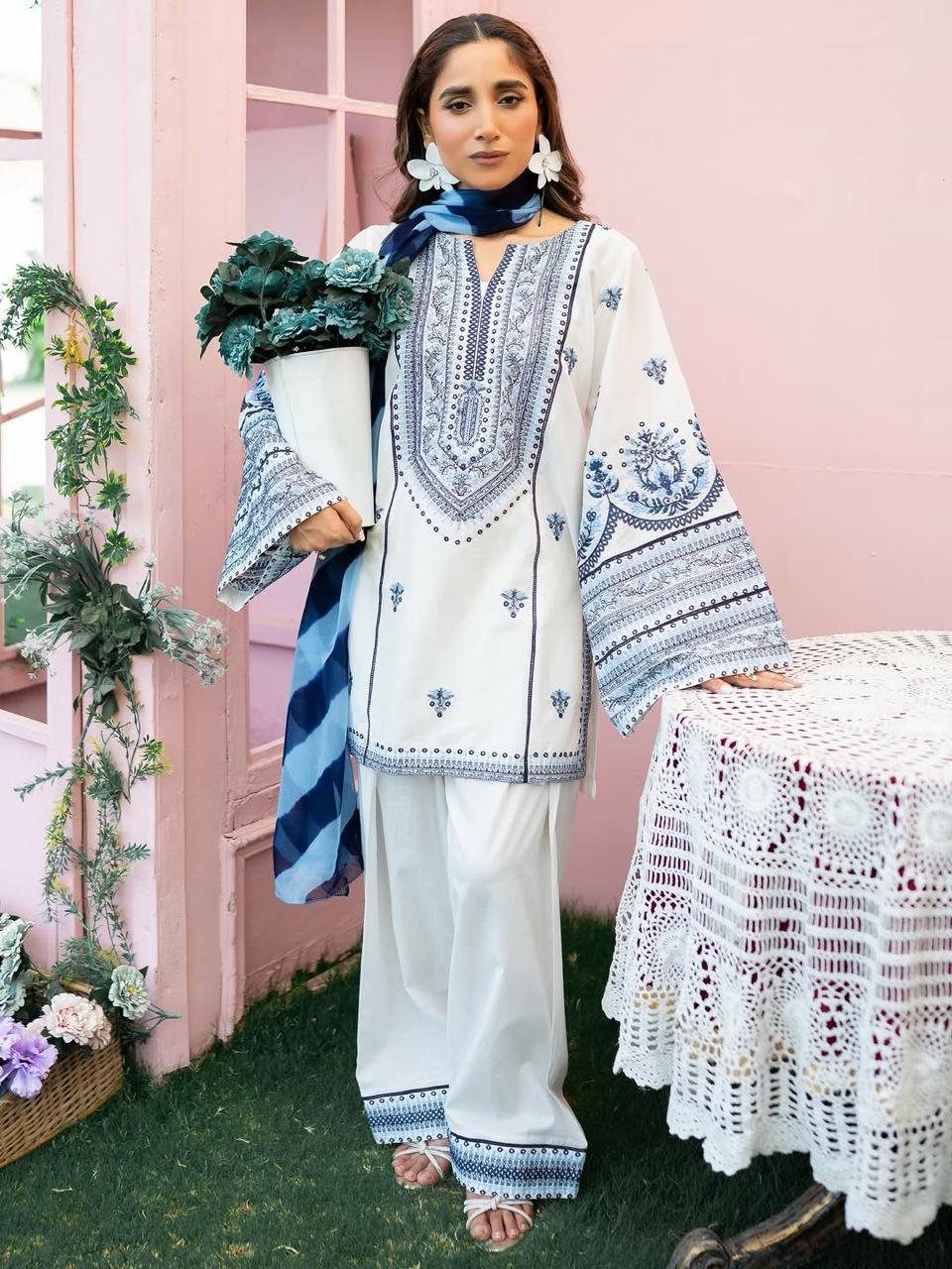 Nazar 3PC Luxury Premium Stone Linen Dress with fully embroidered shirt, plazo, and monaar dupatta for women Pakistan