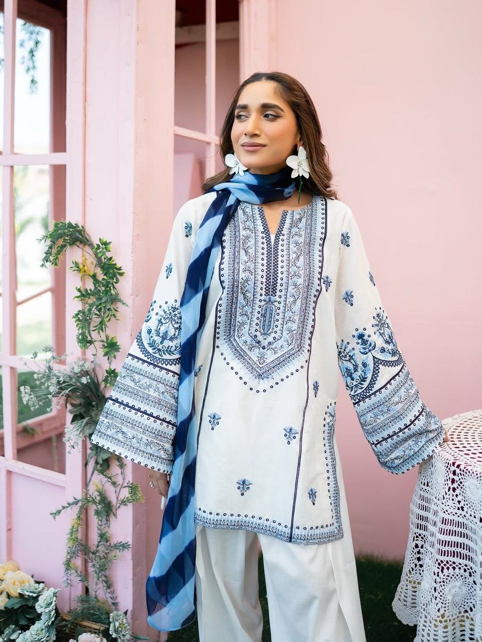 Nazar 3PC Luxury Premium Stone Linen Dress with fully embroidered shirt, plazo, and monaar dupatta for women Pakistan