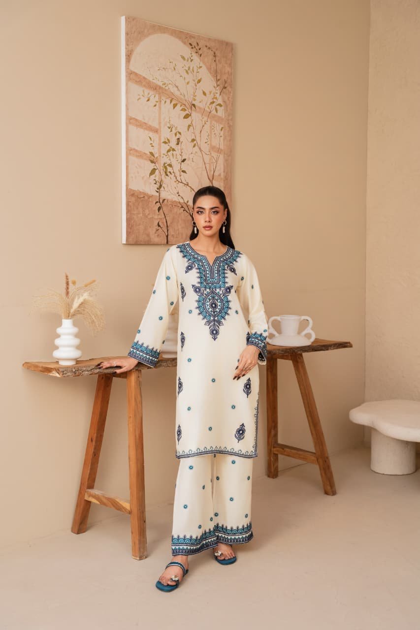 Noor Elegance Embroidery 2PC Winter Dress premium stone linen embroidered shirt with embroidered plazo for women in Pakistan