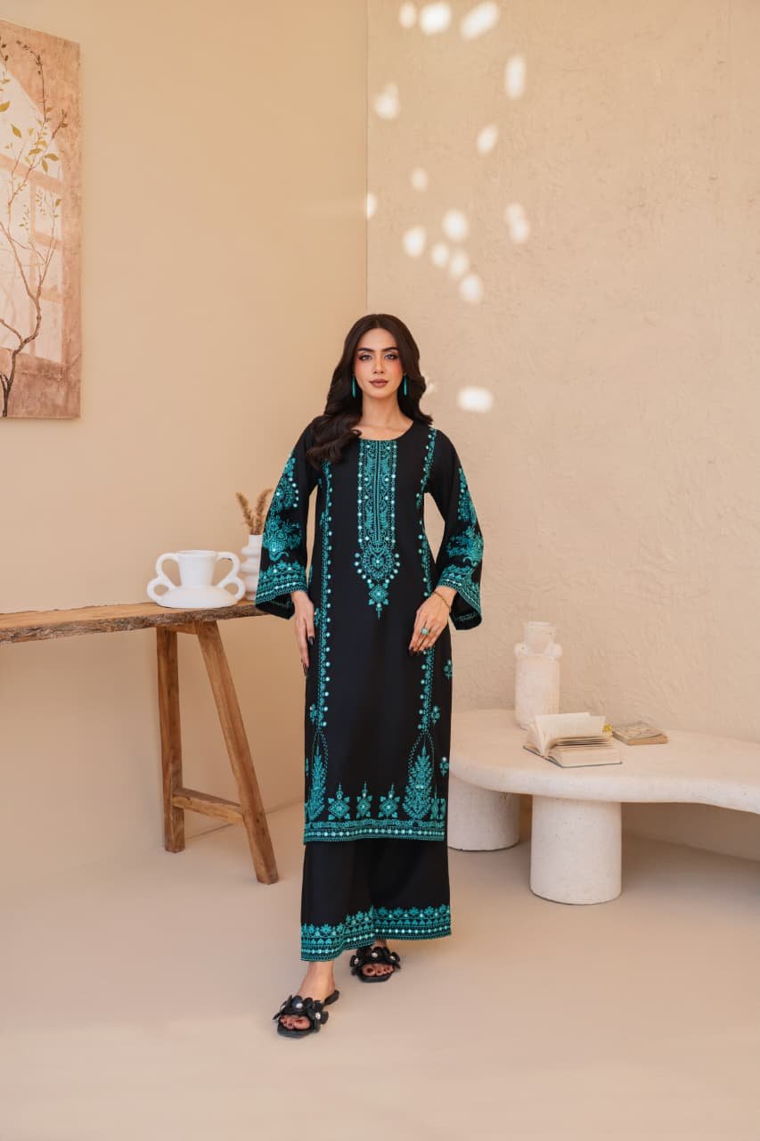 SERENA Embroidery 2PC premium winter suit with 9MM detailed embroidery in Stone Linen, shirt and embroidered plazo for women