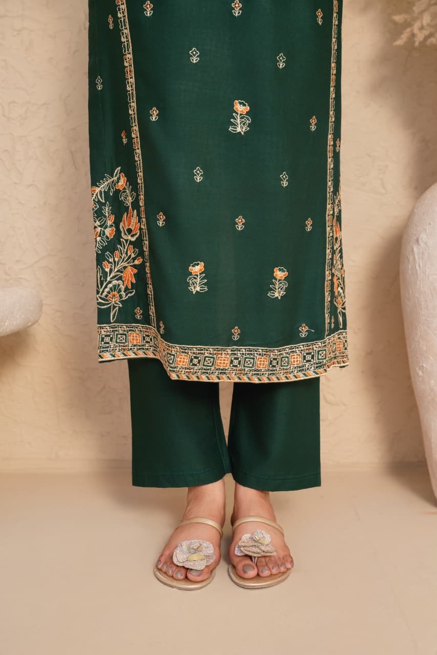 Falak Embroidery 2PC premium winter suit in stone linen with embroidered long shirt and plain trouser for women