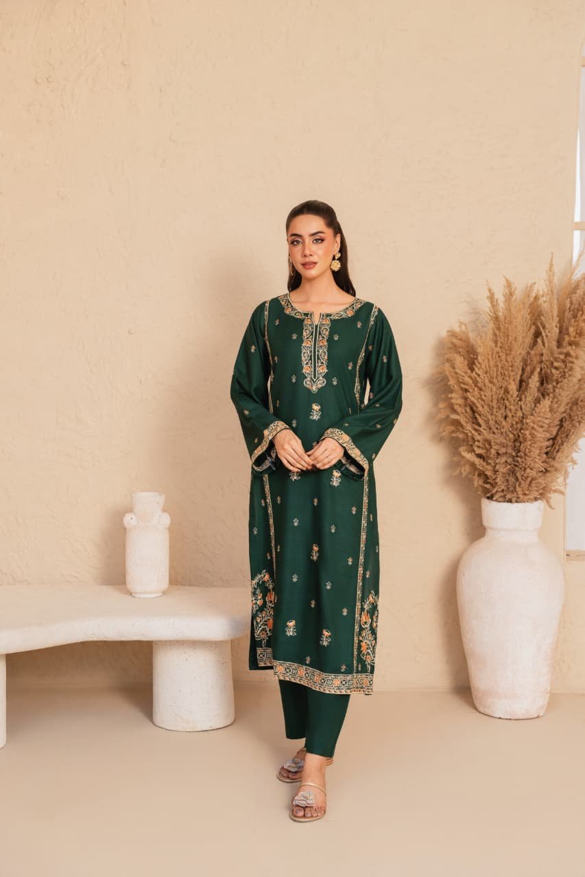 Falak Embroidery 2PC premium winter suit in stone linen with embroidered long shirt and plain trouser for women