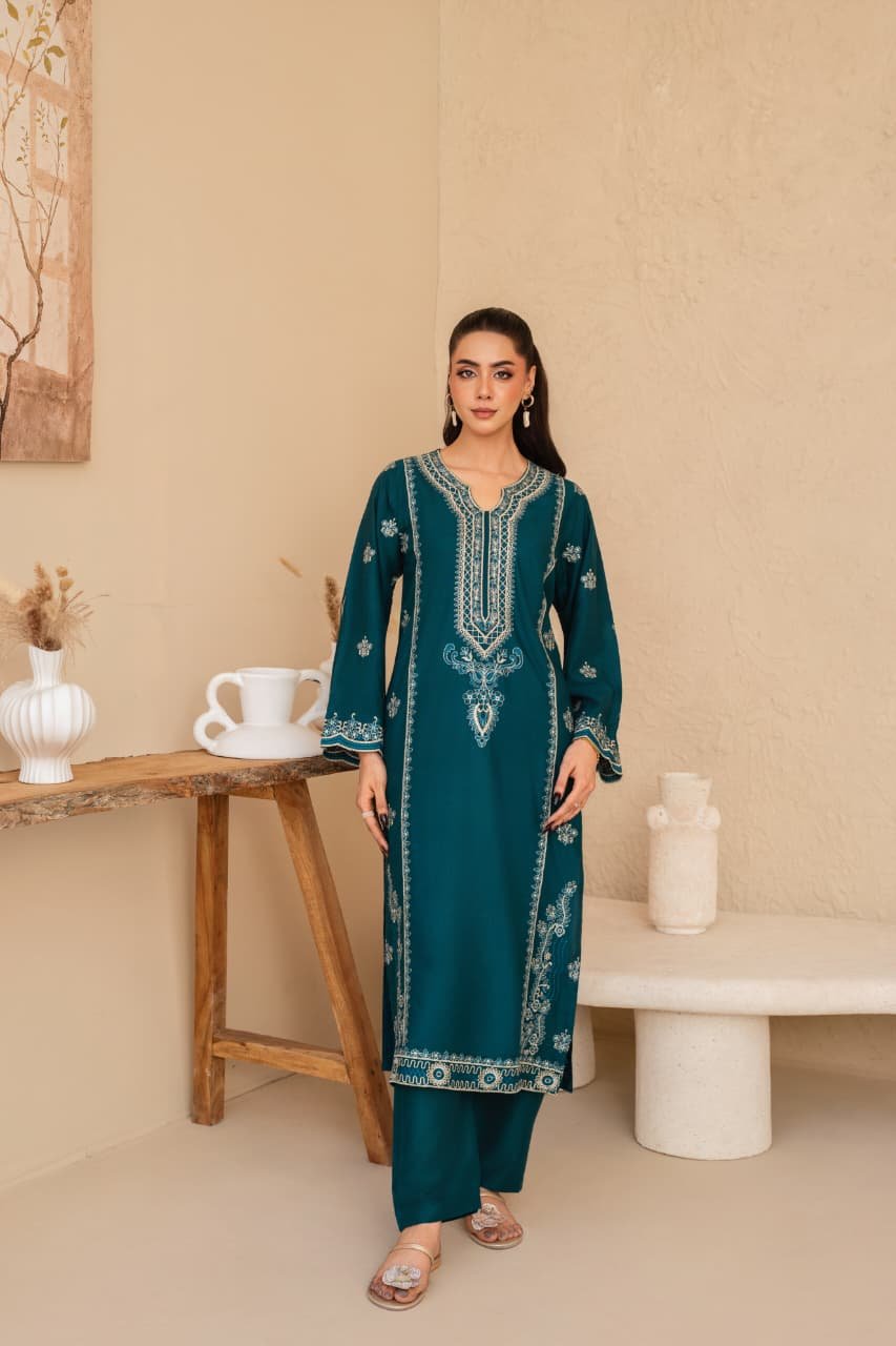 Emerald Grace Embroidery 2PC premium winter suit in stone linen with embroidered shirt and trouser for women