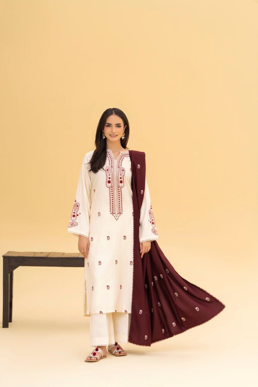 Zohra Embroidery 3PC Shawl Premium Stone Linen Winter Dress with Embroidered Shirt and Shawl