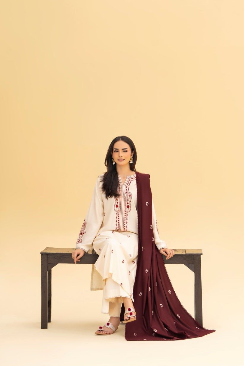Premium Zohra Embroidery 3PC Shawl Stone Linen Winter Dress - Image 6